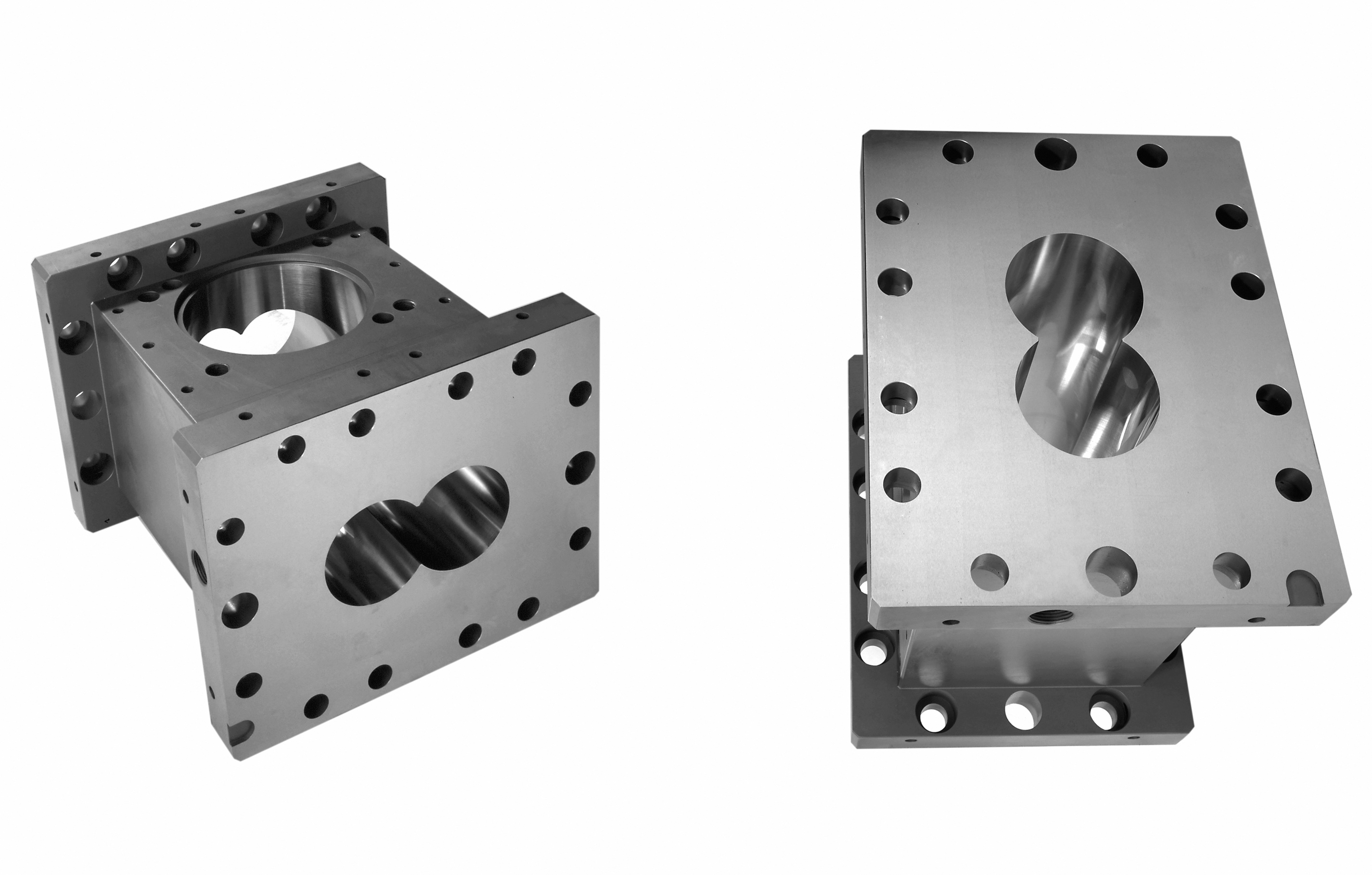 Precision-machined manifold blocks with multiple bores, openings and machined interface surfaces