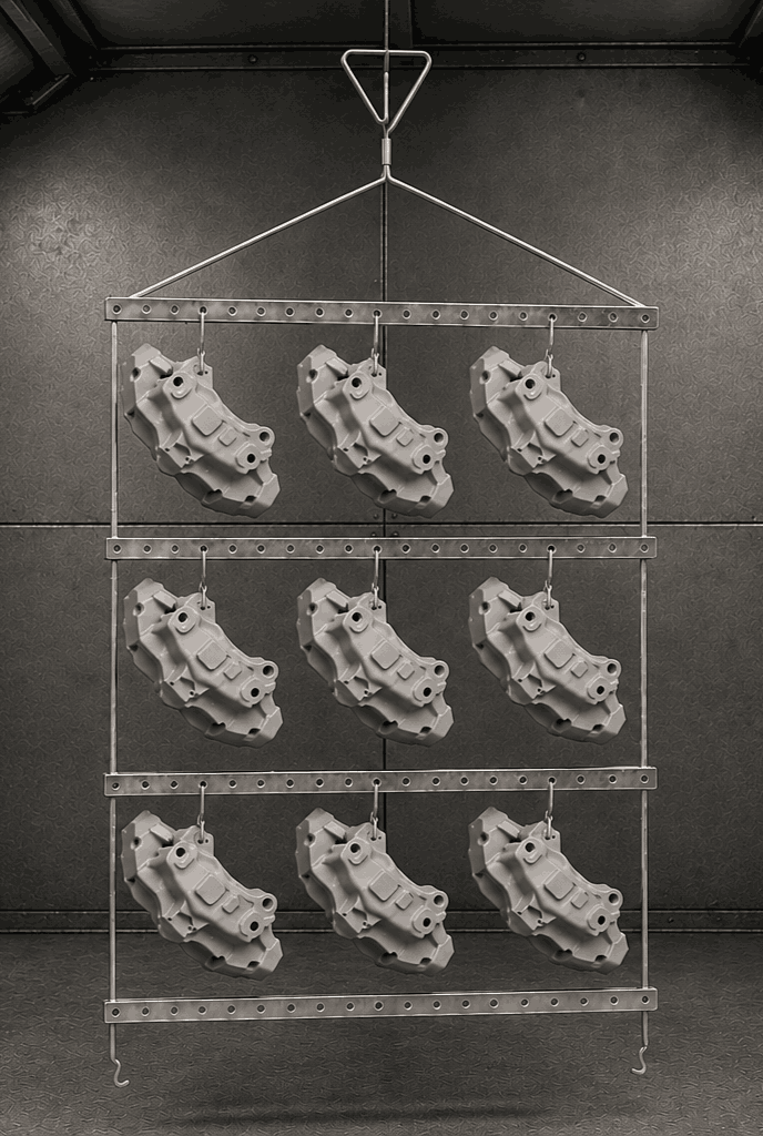 Automotive brake calipers loaded on an EPSI Cross-N-Click rack in a coating booth