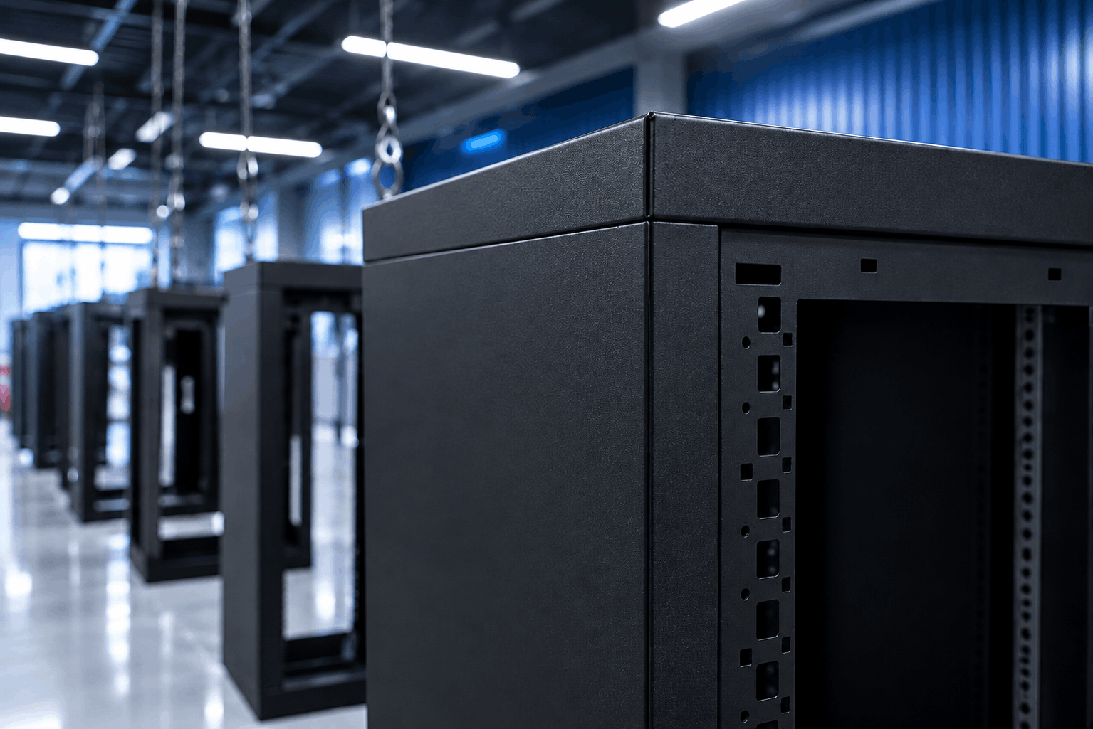 Powder coated data center cabinets hanging on a finishing line for masking and racking applications