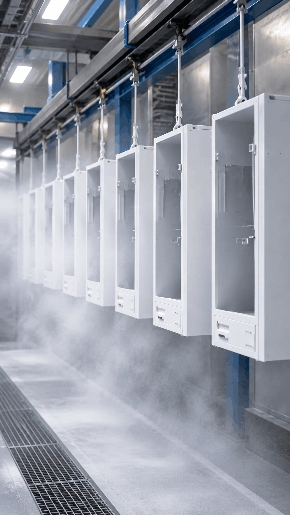 Metal electronic and appliance cabinet frames suspended on an industrial coating line