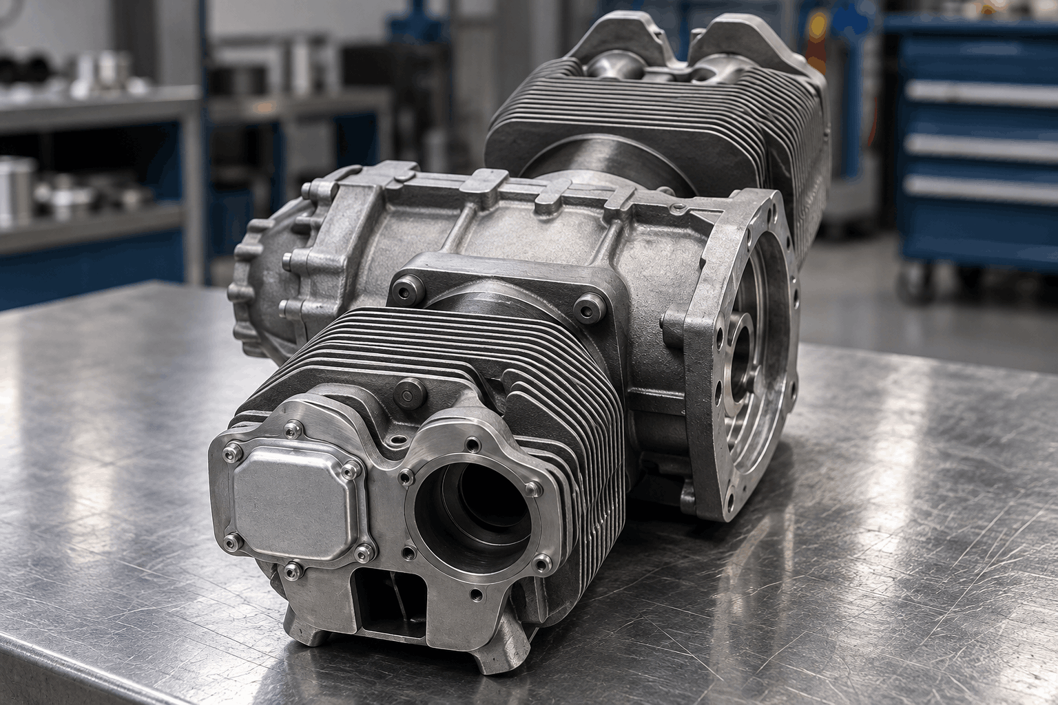 aerospace manufacturing cylinder head on a workbench