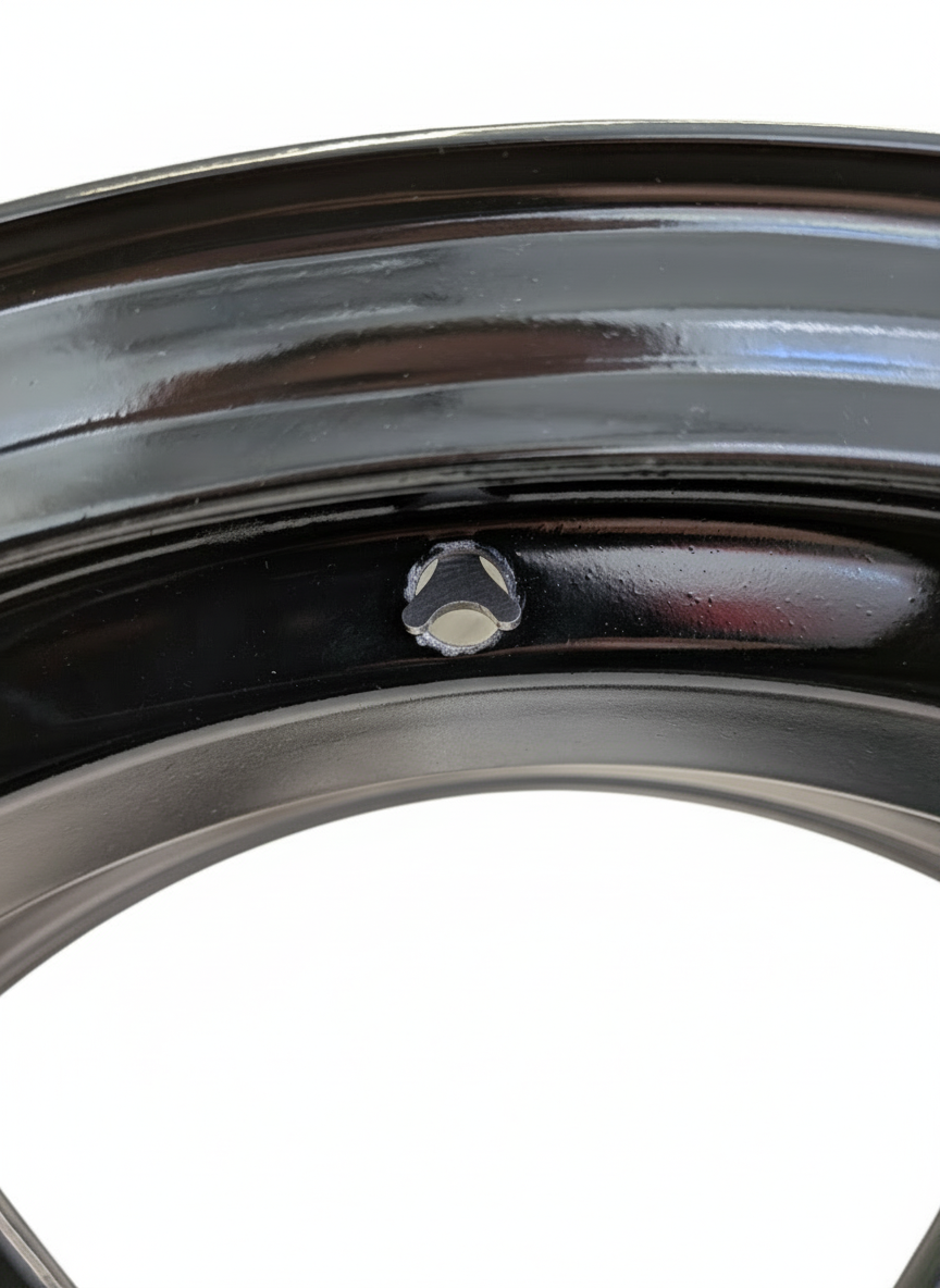 Lower-angle view of the EPSI Hanging Adapter installed on a wheel