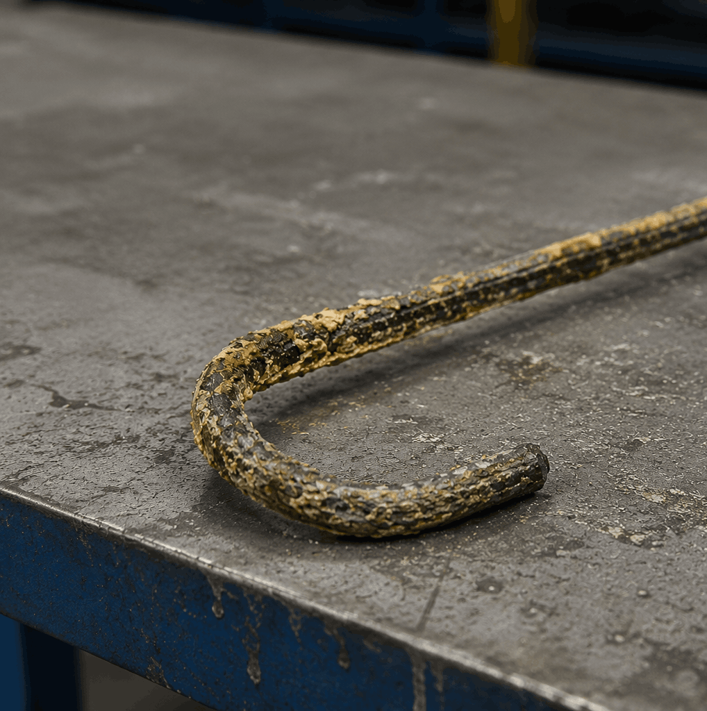 Corroded powder coating hook showing heat damage and surface corrosion