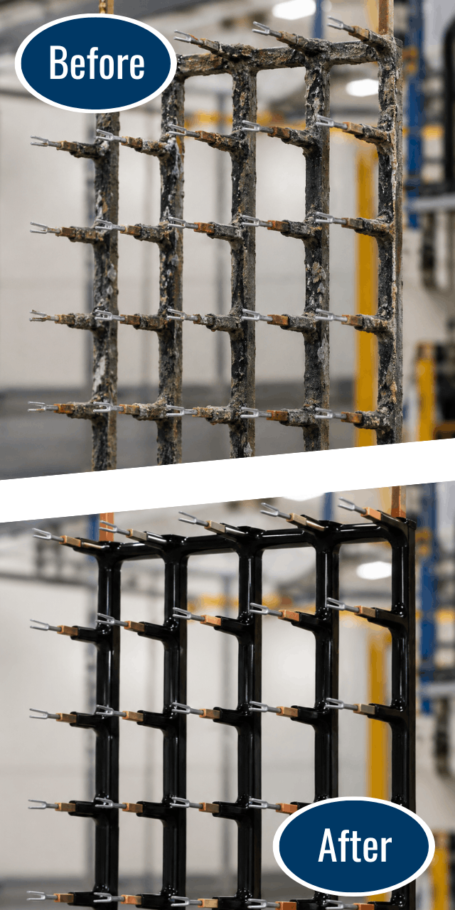 Before and after comparison of an industrial production rack restored by EPSI